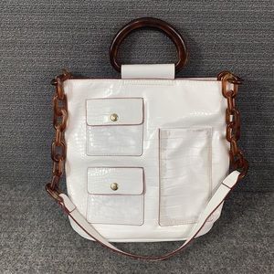 Studio 33 Bucket Bag Womens Medium White PU Looking Snatched Croc Embossed Purse